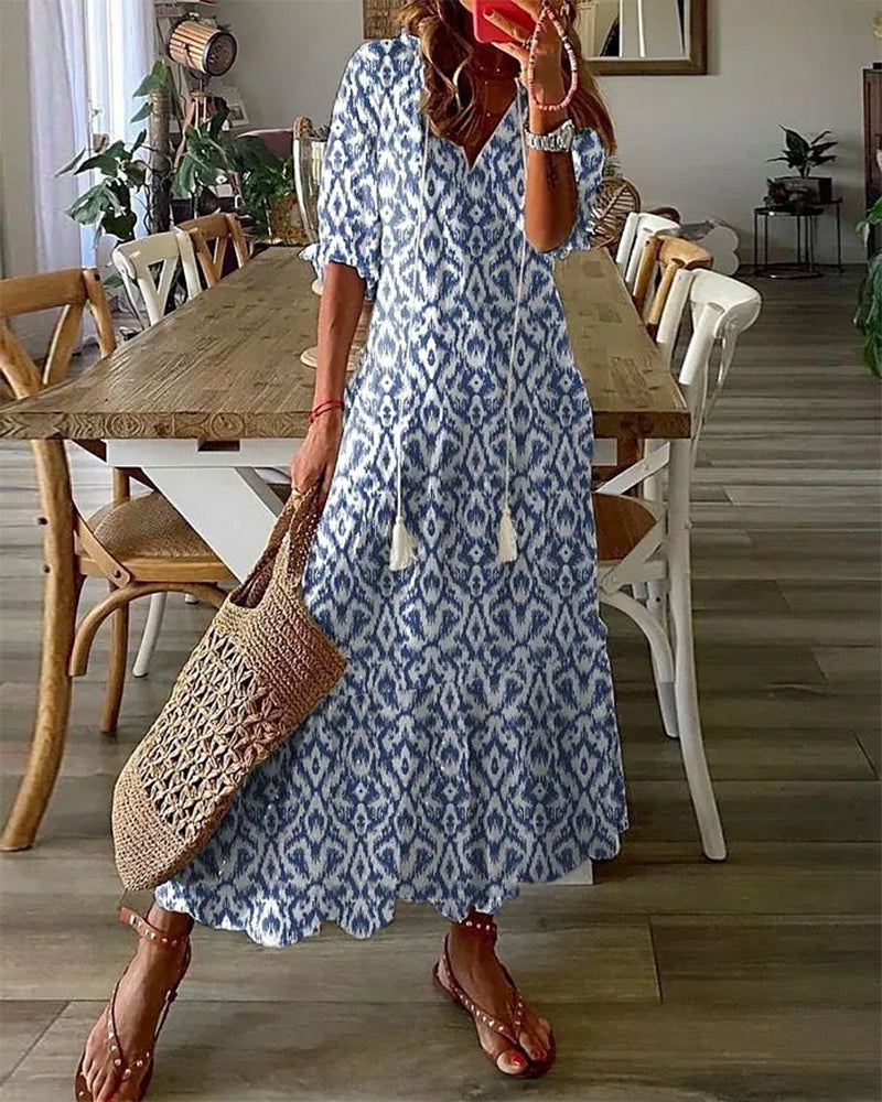 V-neck printed half-sleeved long dress