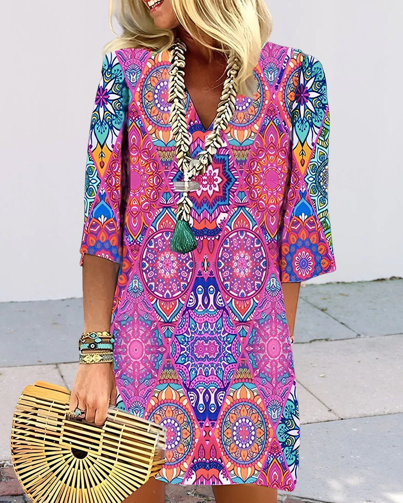 Geometric Print 3/4 Sleeve Dress