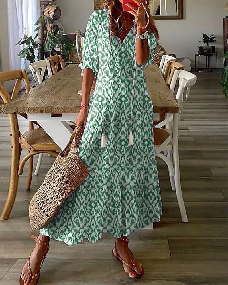 V-neck printed half-sleeved long dress