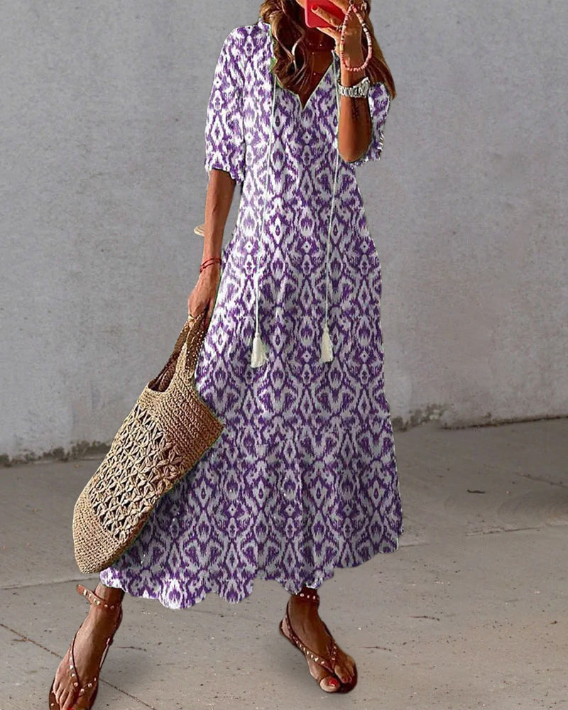 V-neck printed half-sleeved long dress