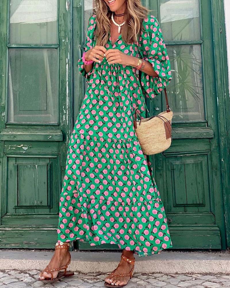 Geometric print puff sleeve dress