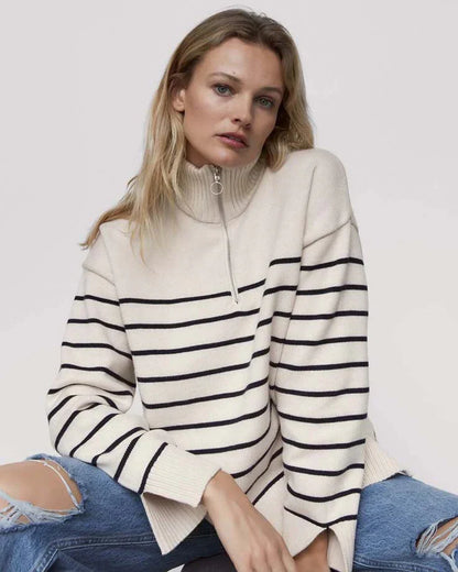 SAMA - ZIPPERED SWEATER WITH STRIPED TRICOT COLLAR