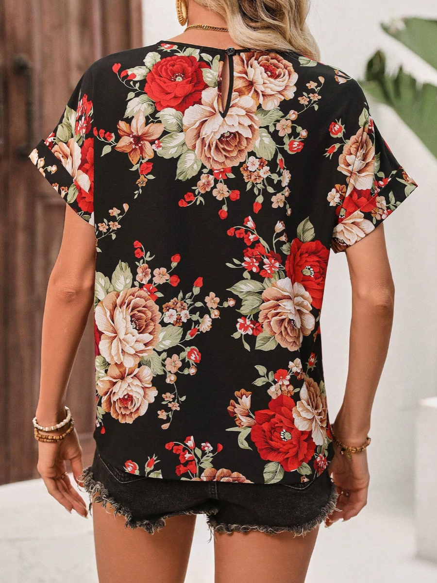 Floral Print U-neck Short-sleeve Top