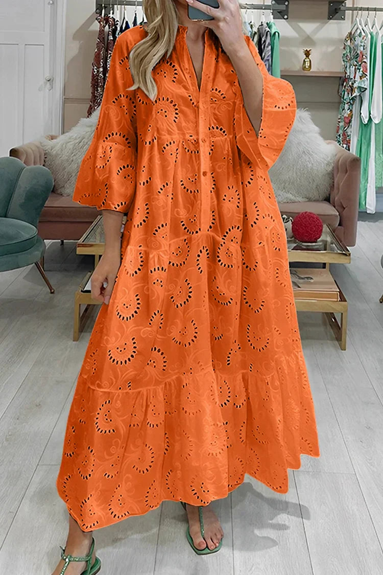 EMMA | V-NECK FLARE SLEEVE EMBROIDERED COTTON DRESS