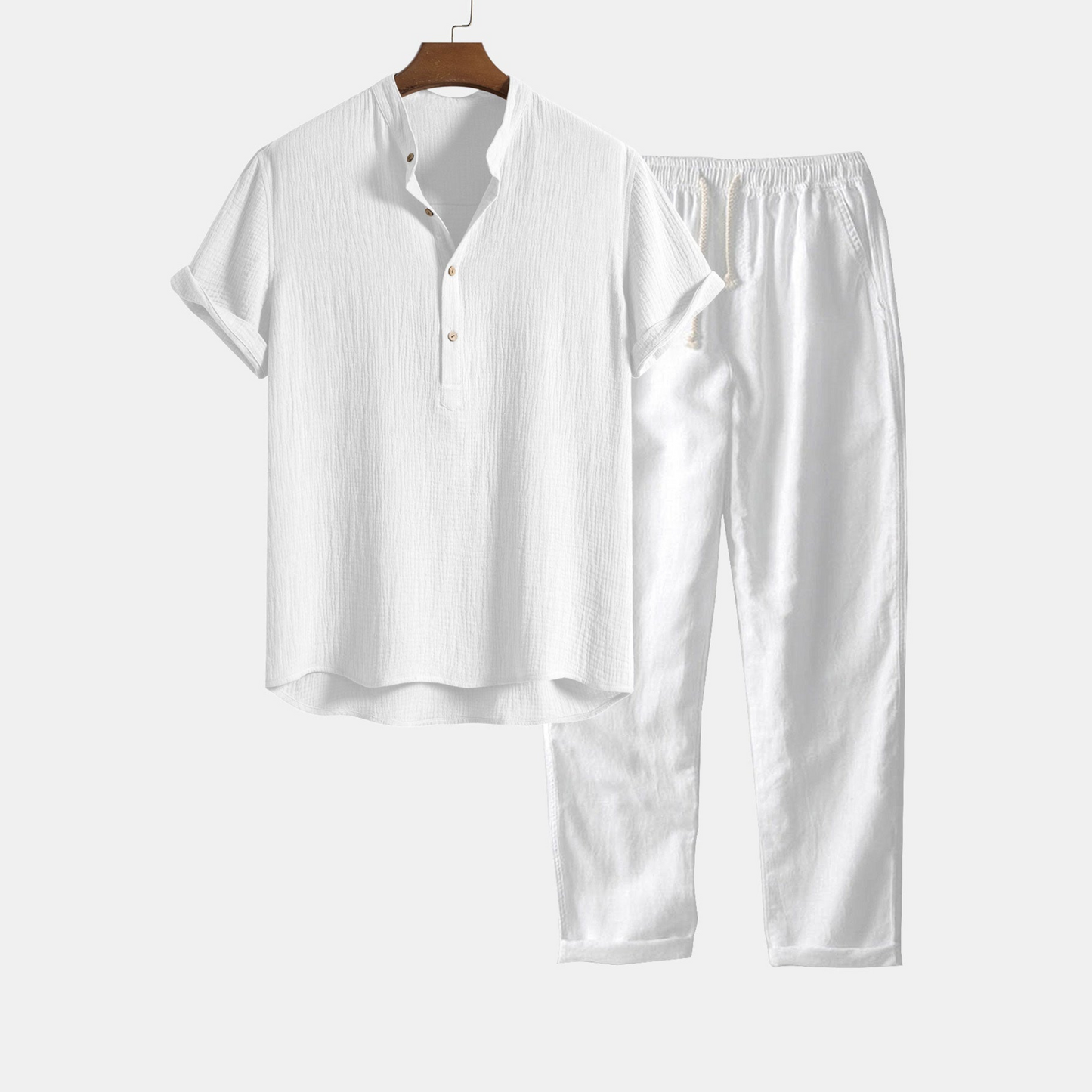 Crumpled Cotton Shirt with Half-Open Button Placket and Henley Collar, paired with Straight-Leg Linen Trousers.