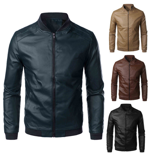 Men's Slim-fit Stand Collar PU Leather Jacket