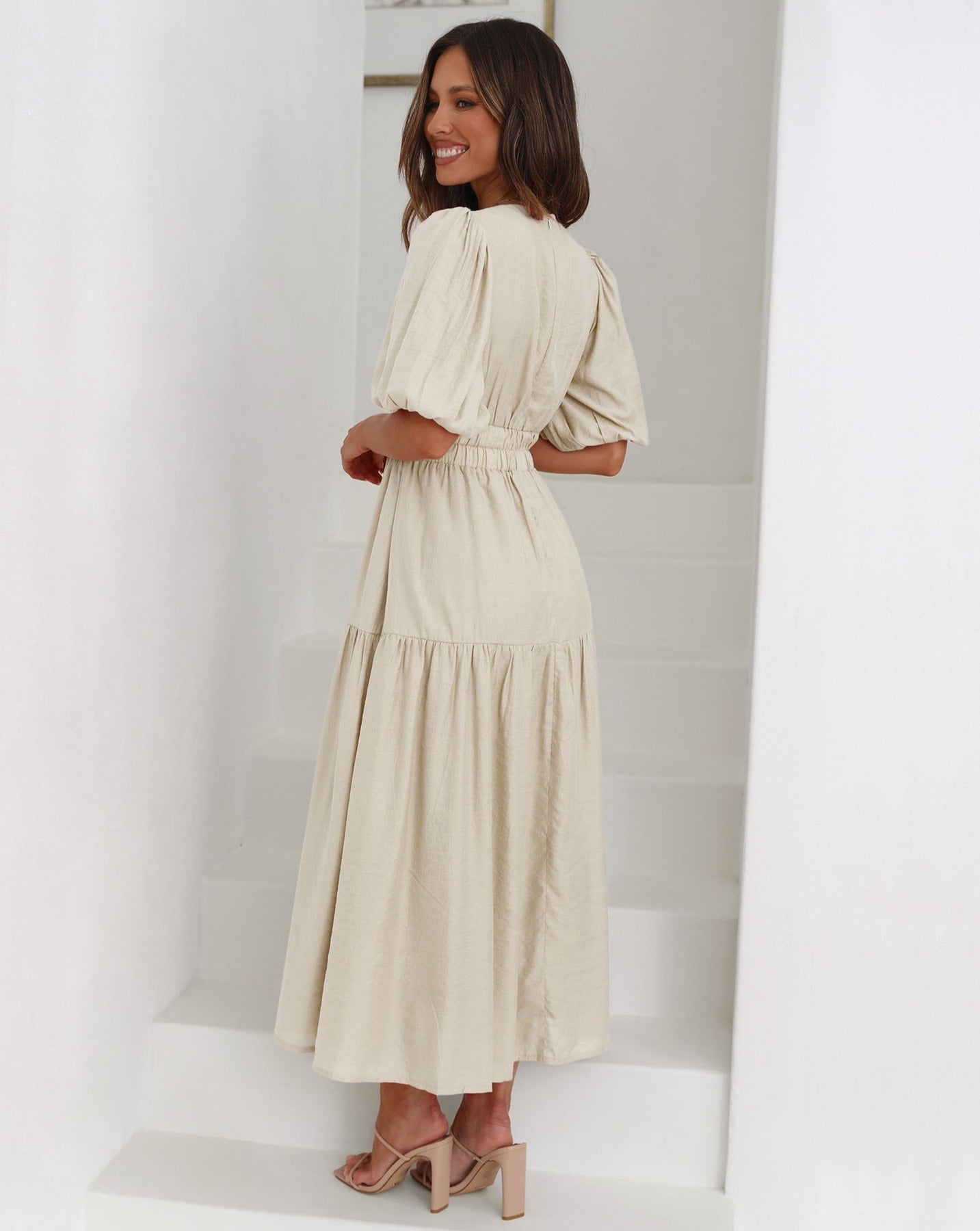 Ella Dress V Neckline Puffed Sleeves