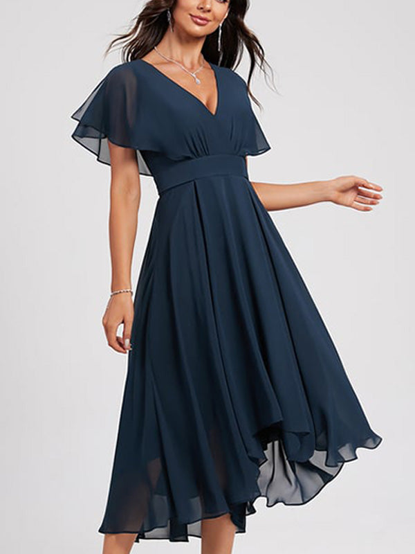 Fashion Chiffon Splicing V-Neck Midi Dress