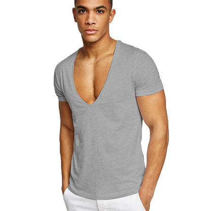 Men's Basic White Deep V-Neck Cotton Short Sleeve T-Shirt