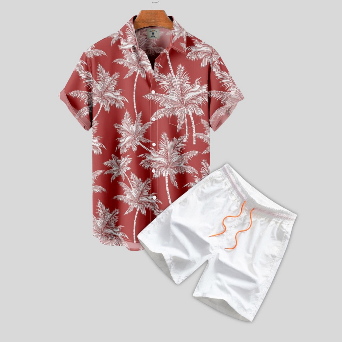 Shirt with Button Placket and Swim Shorts with Palm Print