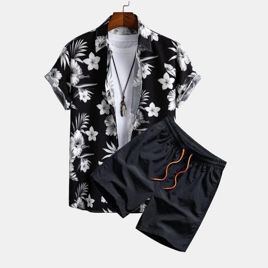 Buttoned Shirt and Swim Shorts with Tropical Floral Print