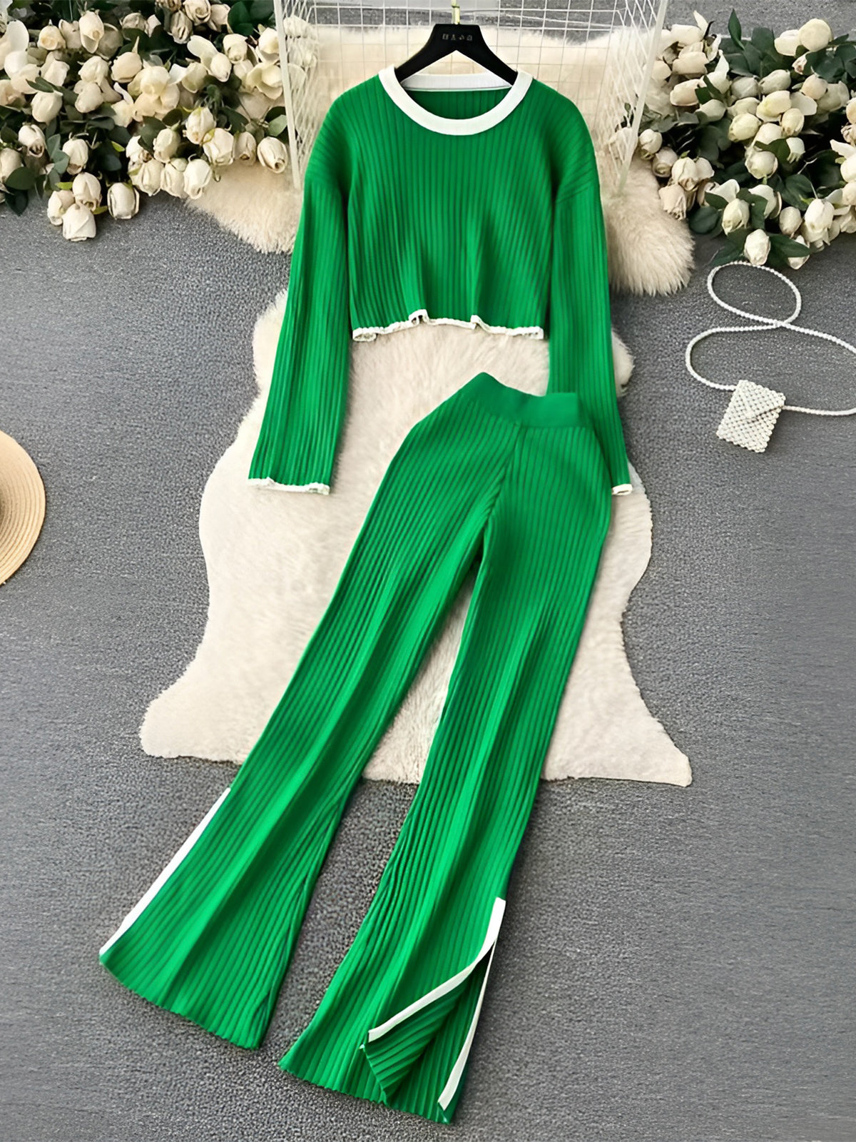 Contrast Knit Sweater & Elastic Waist Slit Pant 2 Piece Lounge Set