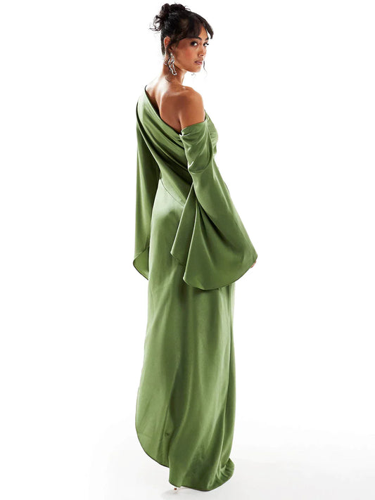 Green satin dress with bold one-shoulder