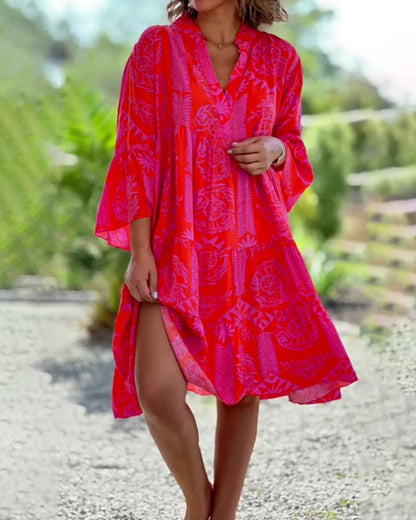 Boho Geometric Print 3/4 Sleeve Dress