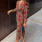 Vintage printed V-neck long-sleeve elegant dress