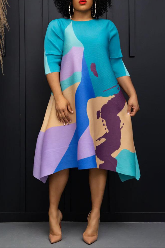 Abstract Print 3/4 Length Sleeve Dress