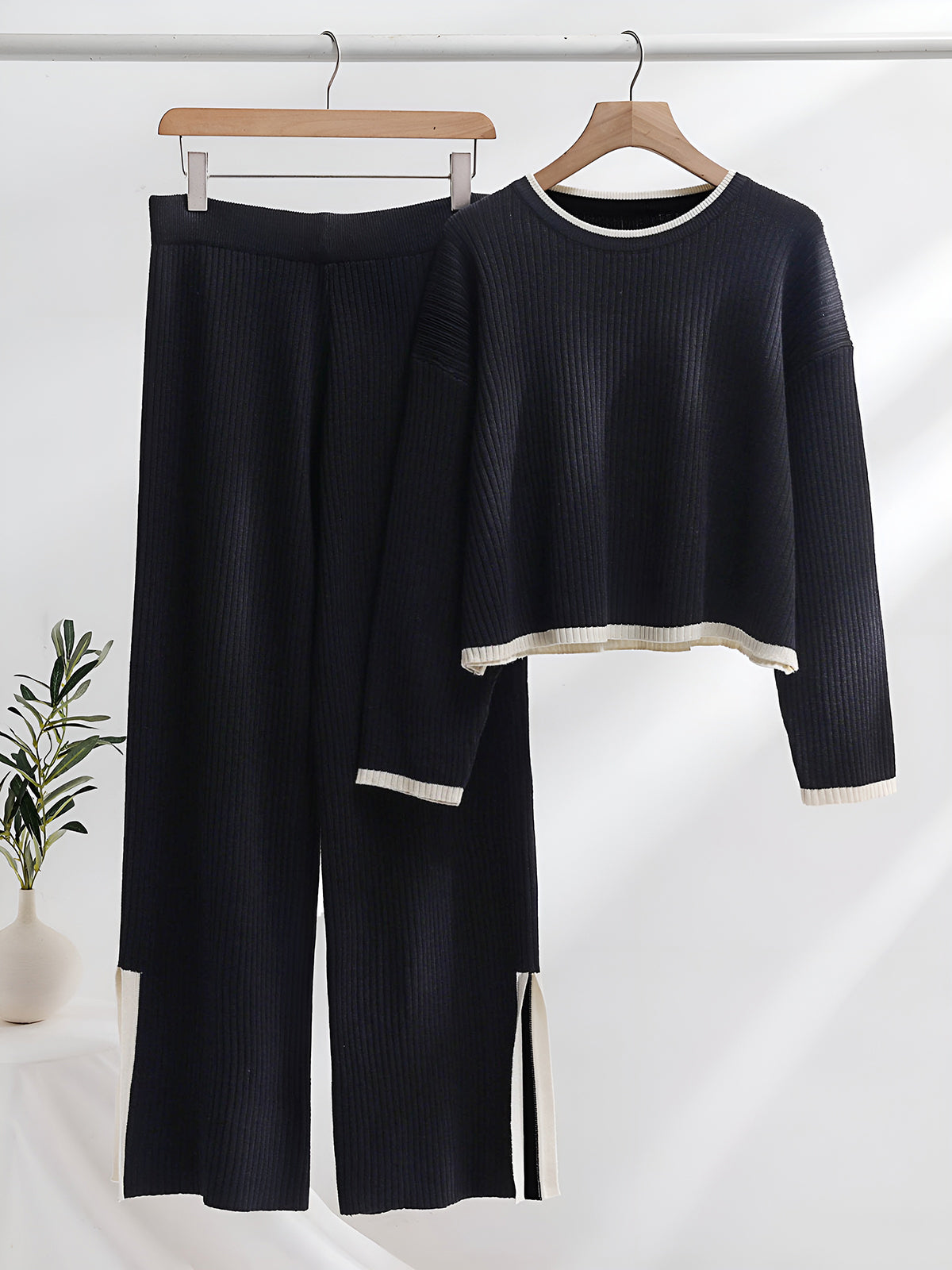 Contrast Knit Sweater & Elastic Waist Slit Pant 2 Piece Lounge Set