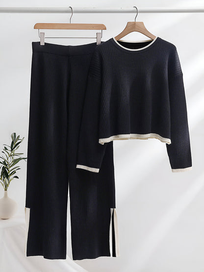 Contrast Knit Sweater & Elastic Waist Slit Pant 2 Piece Lounge Set