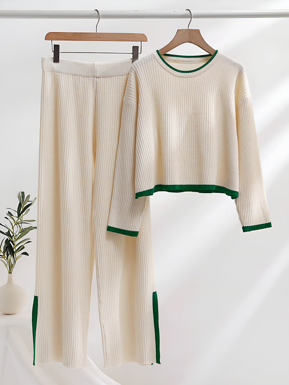 Contrast Knit Sweater & Elastic Waist Slit Pant 2 Piece Lounge Set