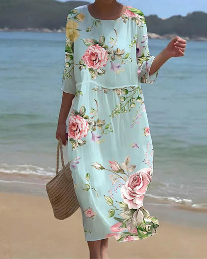 Elegant floral print crew neck dress