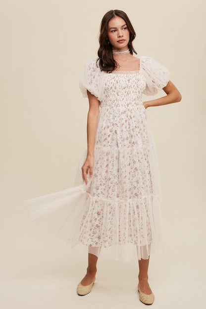 PAISLEY MESH PUFF SLEEVE MAXI DRESS