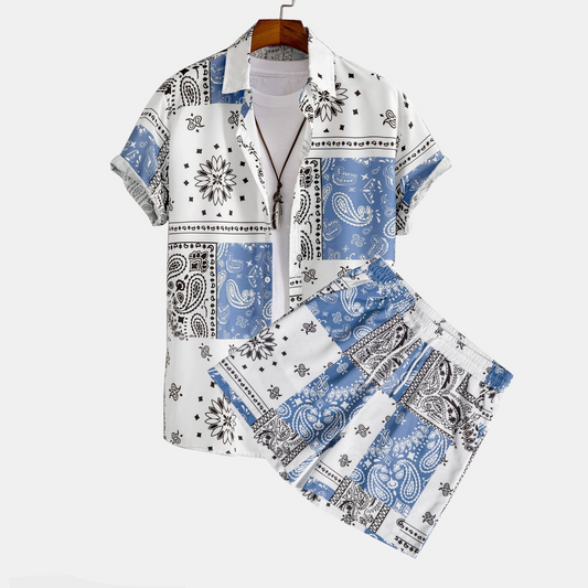 Shirt with Paisley Print and Buttons, Random Pattern Design, and Shorts