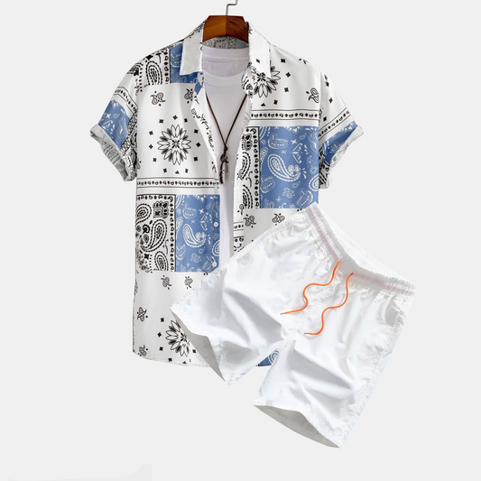 Shirt with Paisley Print and Buttons, Random Pattern Design, and Swim Shorts