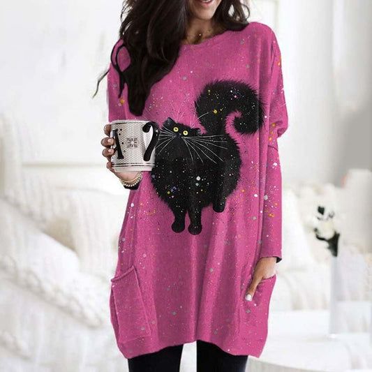 Vintage Cat Print Shirt Dress