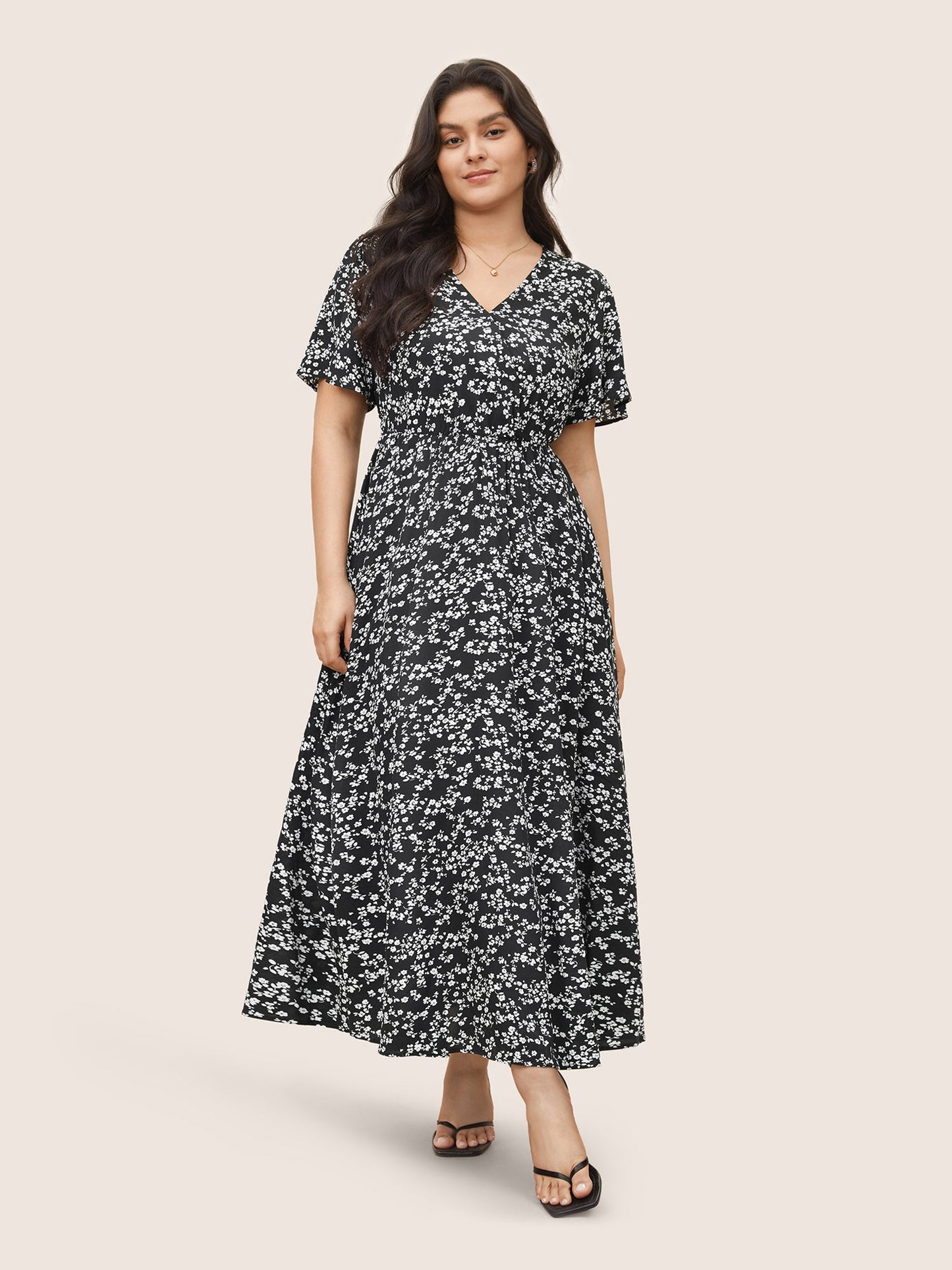 Bloom Dress - Flutter Sleeve Ditsy Floral Bag Split Maxi Dress