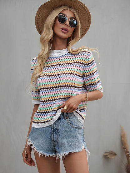 SAYLOR STRIPPED HALF SLEEVE KNIT TOP