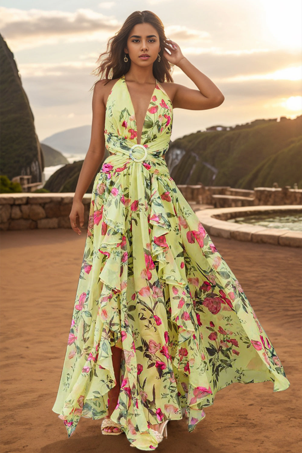 FARRAH BACKLESS FLORAL PLUNGE DRESS