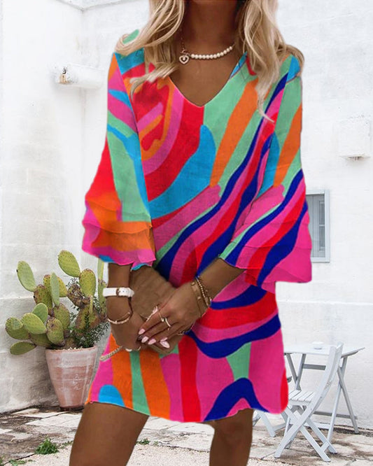 Bell Sleeve Multicolor Print Dress