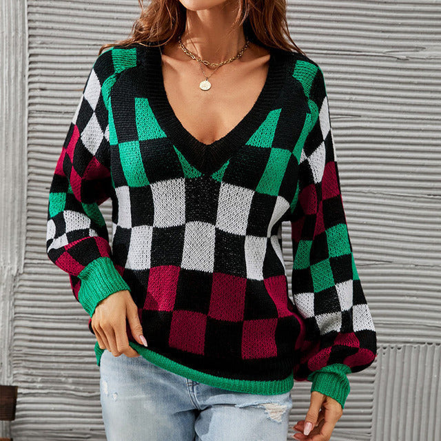 Contrast Color Plaid Sweater