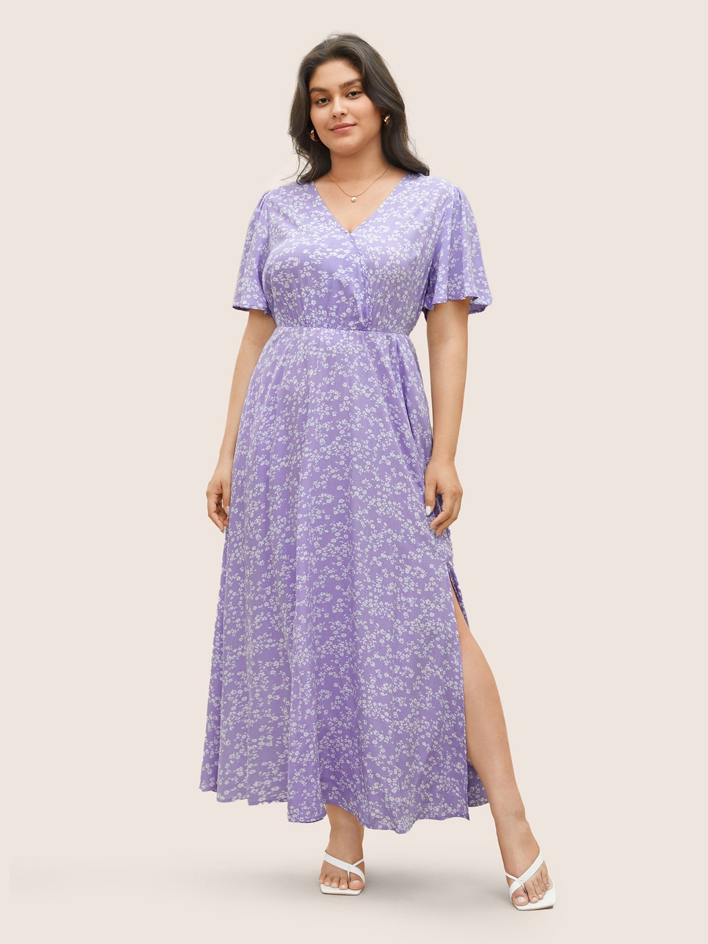 Bloom Dress - Flutter Sleeve Ditsy Floral Bag Split Maxi Dress