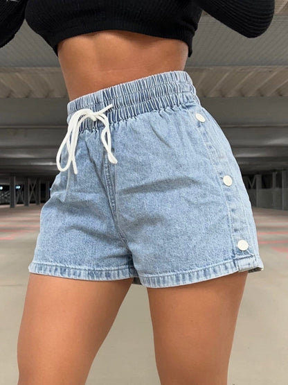 DRAWSTRING HIGH WAIST DENIM SHORTS