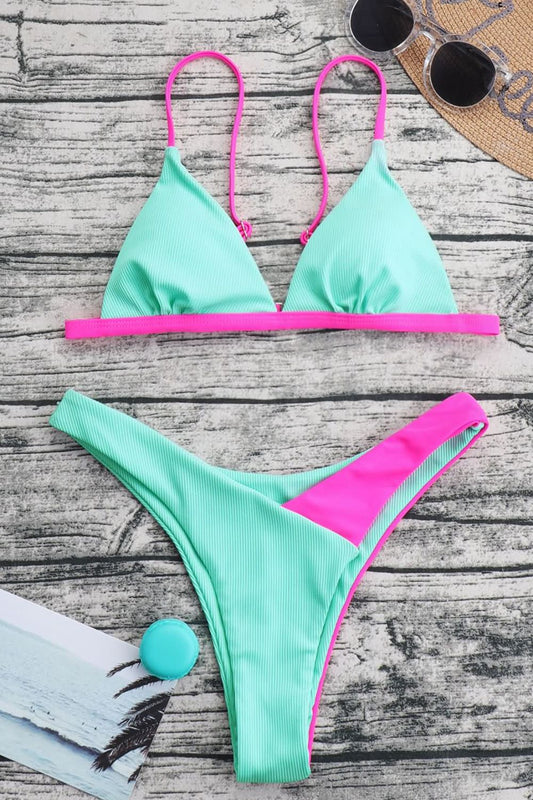 COLOR BLOCK RIBBED BIKINI SET