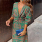 Vintage printed V-neck long-sleeve elegant dress