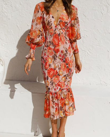 MERENE - Floral Smocked Waist Midi Dress