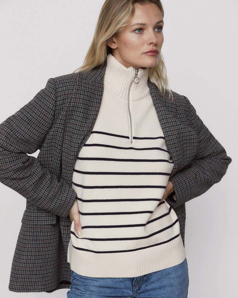 SAMA - ZIPPERED SWEATER WITH STRIPED TRICOT COLLAR