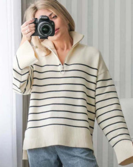 SAMA - ZIPPERED SWEATER WITH STRIPED TRICOT COLLAR