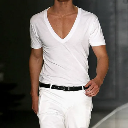 Men's Basic White Deep V-Neck Cotton Short Sleeve T-Shirt