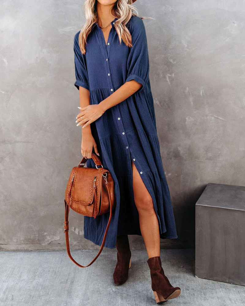 Summer Cotton Half Sleeves Midi Dress with Pockets