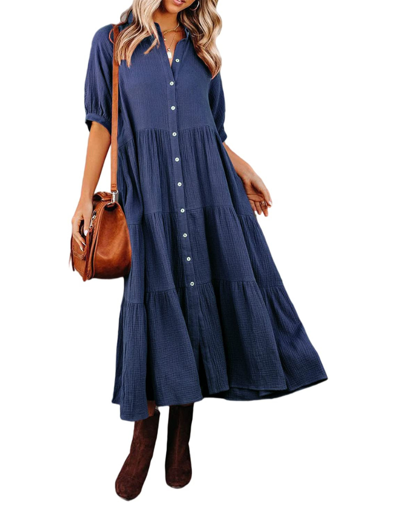 Summer Cotton Half Sleeves Midi Dress with Pockets