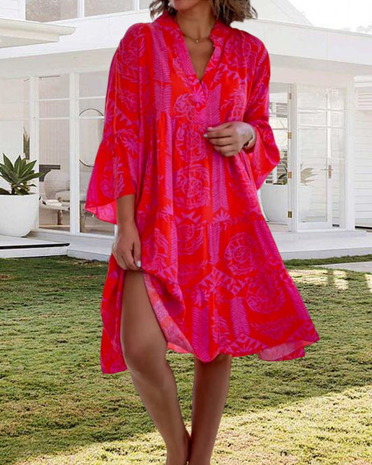 Boho Geometric Print 3/4 Sleeve Dress