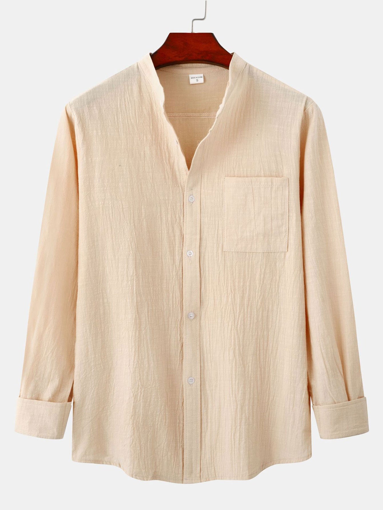 Long-Sleeve Linen-Look Shirt with Stand Collar and Straight-Leg Linen Pants