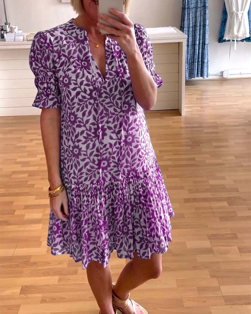 Floral print puff sleeve pleated dress