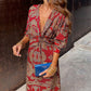 Vintage printed V-neck long-sleeve elegant dress