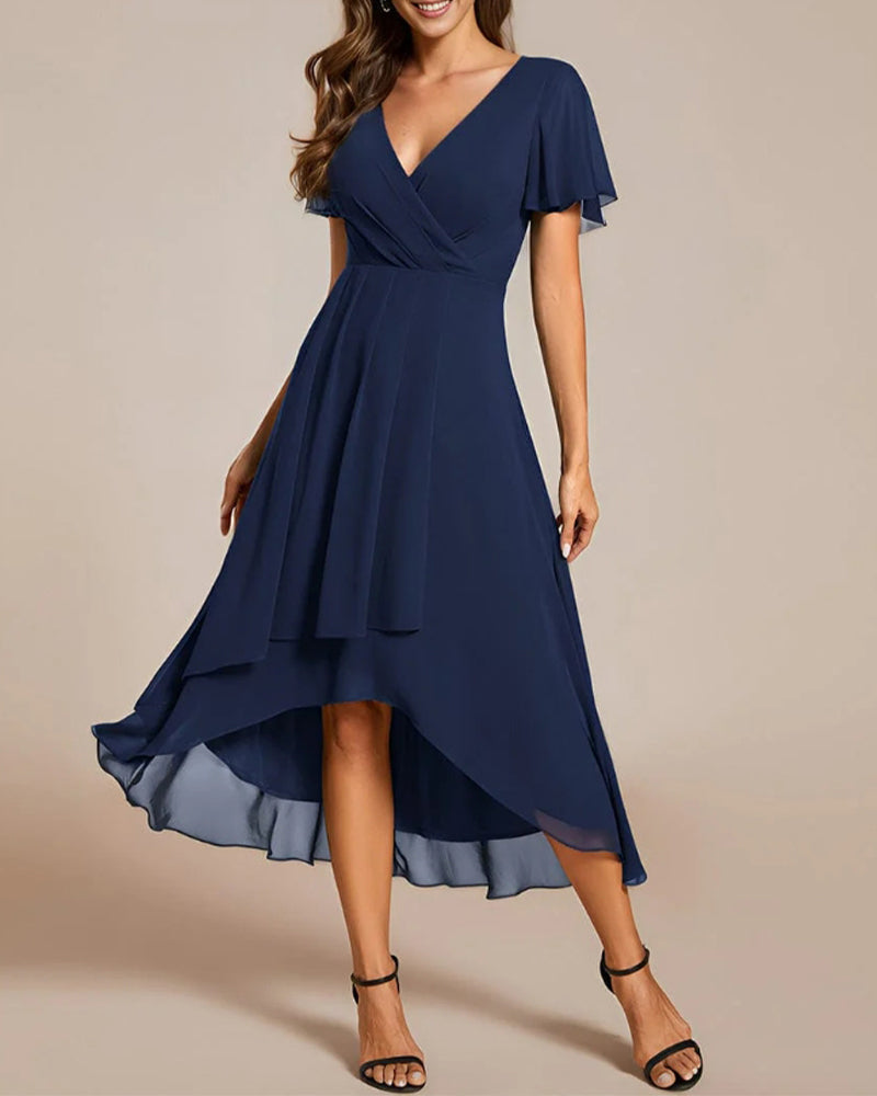 V-neck ruffled short-sleeved dress