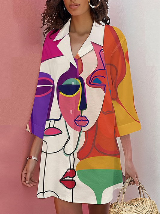 Elegant Abstract Art Oversize Shirt Midi Dress