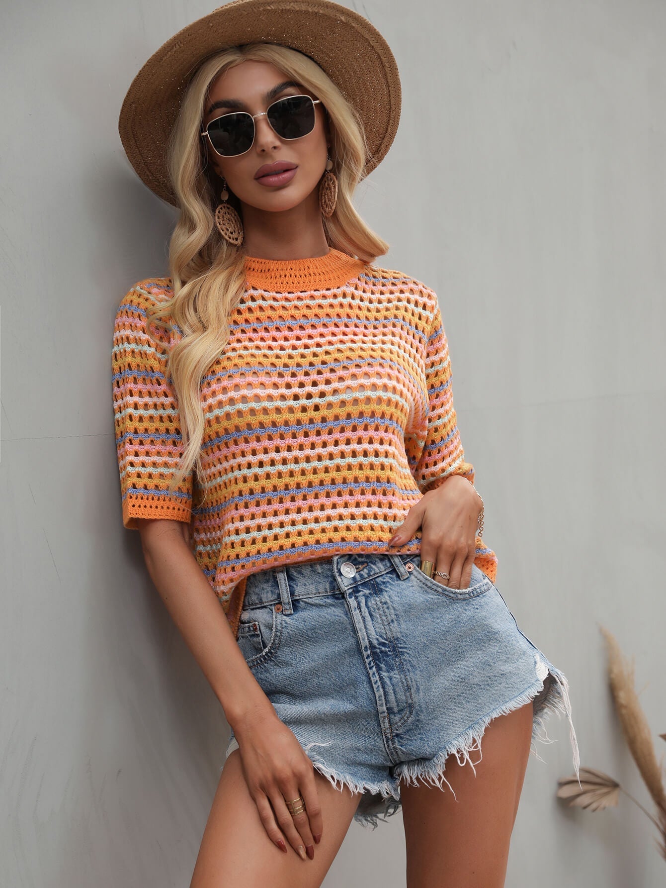 SAYLOR STRIPPED HALF SLEEVE KNIT TOP